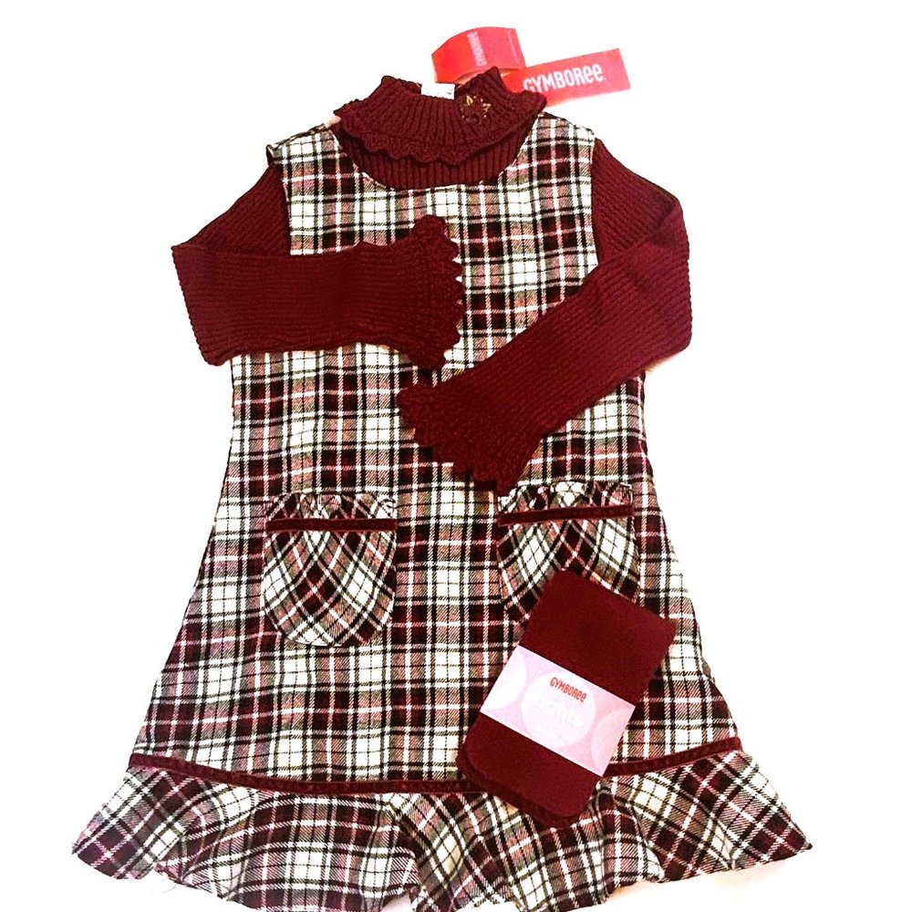 NWT Gymboree Girl Plaid Jumper, Red Embroidered Floral Rib Sweater & Tights 6